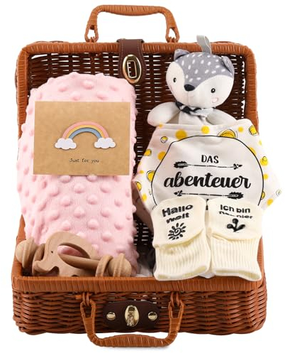 Baby Geschenk Mädchen, Neugeborenen Geschenk,Rodelna Baby Geschenkset, Baby geschenkkorb 7 in 1 Set - mit Decke, Schmusebeißtuch, Holzrassel mit Elefantenanhänger, Lätzchen, Socken, Souvenir-Box