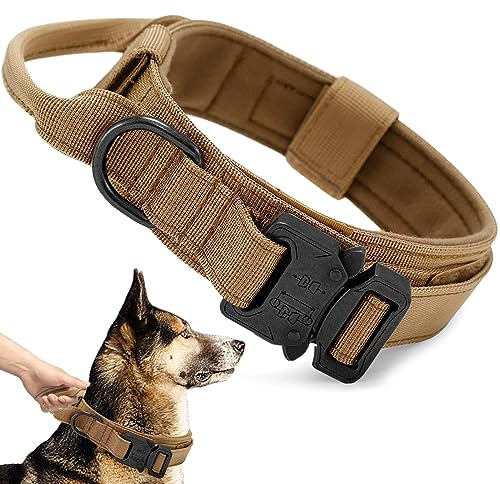Ceboic Collare Tattico per Cani, Regolabile Collare Cane Militare in Nylon con Maniglia di Comando e Fibbia in Metallo per Cani di Taglia Media e Grande, Addestramento, Alla Caccia (M, Kaki)