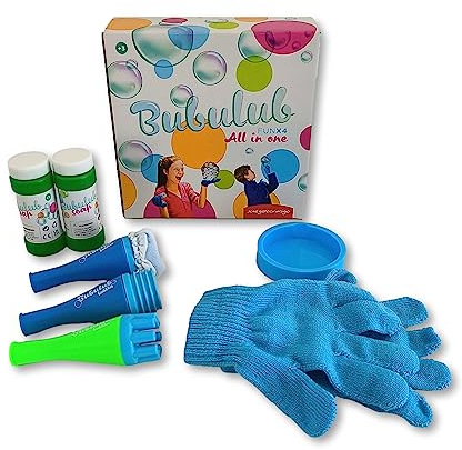 BUBULUB Seifenblasen-Set, robust, lustiges Spielzeug für Kinder, inklusive Handschuhe zum Spielen, 2 Flaschen Lösung und Zubehör (All in One)