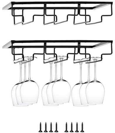 QWORK® 2 Pack Wine Glass Rack, 3 Rows Wine Glass Holder, Metal Wine Glasses Hanger, For Bar Kitchen, Black