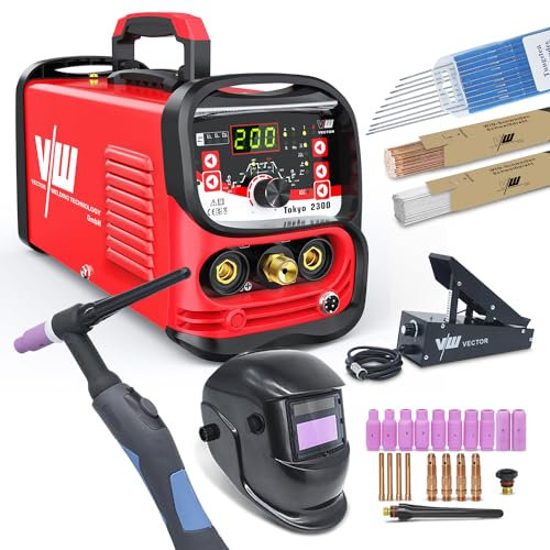 Soldadora TIG profesional de 200 A, juego de 39 piezas, función de soldadura de electrodos, función de pulso, avance y seguimiento de gas, corriente y descenso, memoria de trabajo, inversor, IGBT