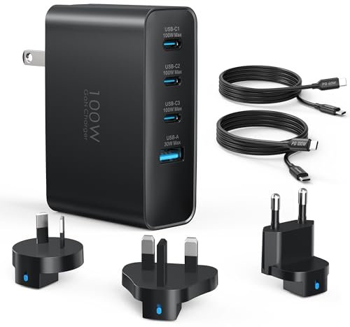 Topadre Caricatore da Viaggio USB-C da 100 W, Convertitore Adattatore da Viaggio Pieghevole a 4 Porte con Spine UK/EU/AU, Ricarica Rapida per MacBook Pro/Air, iPad Pro, Nero