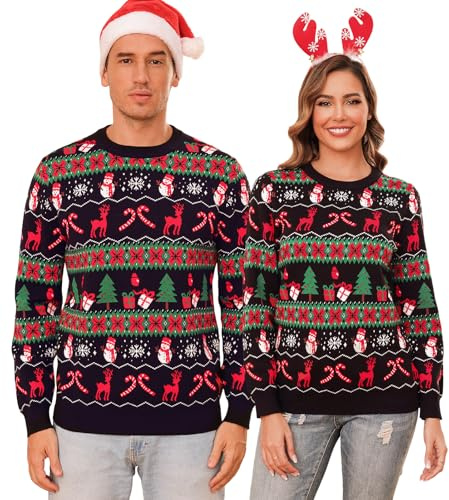 Totatuit Jersey Navideño Mujer Manga Larga Suéter de Navidad Invierno con Motivos de Reno y Muñeco de Nieve Ropa de Punto Cálida y Elegante Negro，S
