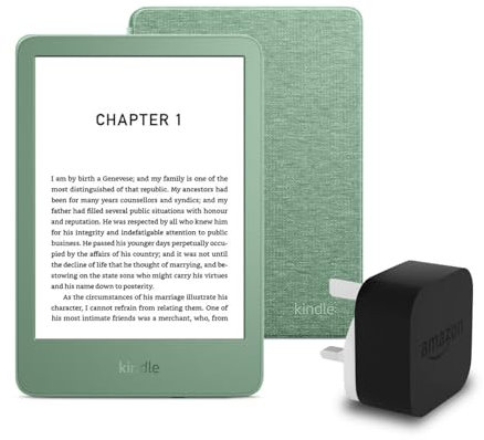 Kindle (2024 Release) 16 GB with ads, an Amazon Fabric Cover and an Amazon Powerfast 9W Power Adapter