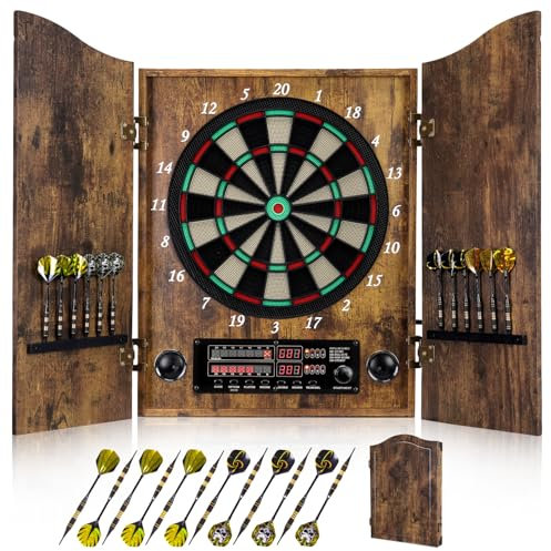 Yirinatek Dartscheibe Elektronisch, Dekoratives Elektronische Dartscheibe Schrank-Set [12 Bronze Soft-Tip Pfeile][Cricket-Spielmodus], Profi E Dart Scheibe mit Holzschranktüren (Vintage)