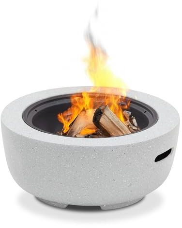 KHG Feuerschale Grau 60x39cm rund 700°C feuerfest aus Kunststein Magnesium Oxid Feuerstelle mit Funkenschutz & Schürhaken
