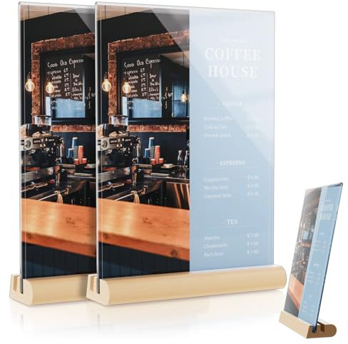 Zephyra 2PCS Porta Menu da Tavolo A5 in Acrilico,Supporti Menù A5 in Legno,Porta Menu in Acrilico Trasparente con Base in Legno,Forma di L/T,Espositore da Tavolo per Menu Ristorante Negozio Matrimonio