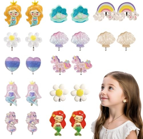 Set di 12 paia di orecchino a clip per bambini e ragazze, orecchini magnetici, graziosi sirene principesse