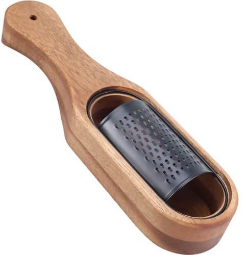 Cheese Grater with Container, Cheese Shredder with Wooden Handle, Wood Container Cheese Grater, Handheld Kitchen Grater for Cheese Lemon Chocolate