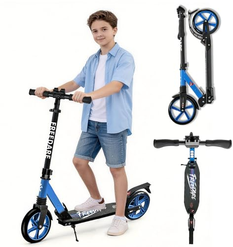 FREEDARE Kick Scooter für Kinder 8-12, 200mm Big Wheels Foldable Scooter für Jugendliche und Erwachsene, 4 verstellbare Höhe, Frontfederung, 2 Räder Scooter Blau