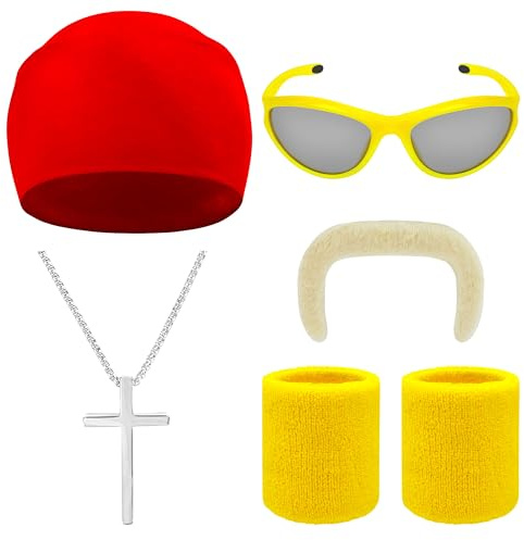 Ueyben Wrestler Kostüm Zubehör, Hulk Hogan Kostüm Falschem Bart und Schnurrbart mit Rotes Bandana Armbänder Sonnenbrille und Kreuzkette für Erwachsene Halloween Karneval Fasching Cosplay(Cross)