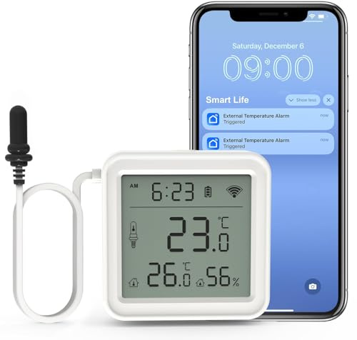 DAYTECH Termómetro higrómetro WiFi inteligente con alarma de congelador con temperatura ambiente e higrómetro, alertas de aplicación y pantalla digital clara, para el hogar/restaurante/oficina, no