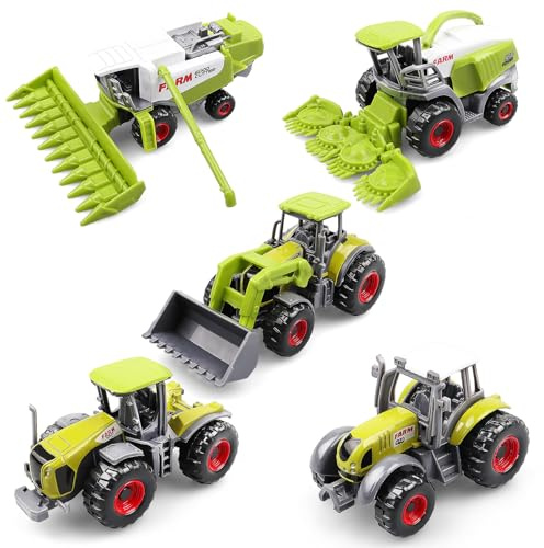 AtomDream Tech 5 Pack Diecast Farm Tractor Toys – Mini Farm Vehicle Set with Combine Harvester, Forage Harvester & Trucks, Metal and Plastic Farm Toys for Kids Boys Girls Age 3+（light green）