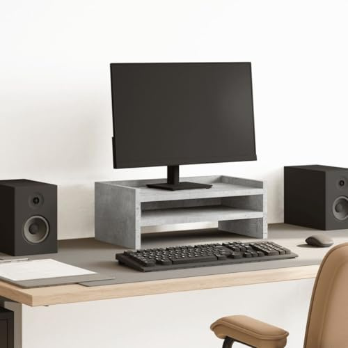 LoogCape monitorställ betonggrå 42 x 24 x 16 cm trämaterial justerbar höjd ergonomiskt för kontor och hemmakontor med hylla och kabelhantering