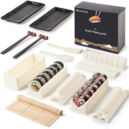 Virklyee Sushi Maker Kit 17 piezas moldes de sushi arroz rollo kit sushi con 8 formas con DIY kit de sushi, platos de sushi, rollos de bambú de sushi y palillos (blanco)
