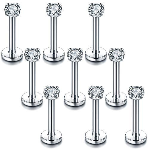 Xpircn 16G Stainless Steel Labret Monroe Lip Rings Flat Back Cartilage Ear Piercings Studs with 3 mm CZ, 8 mm Bar Length