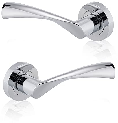XFORT Polished Chrome Warped Lever On Rose Door Handles, Twisted Lever Latch Rose Door Handle, Ideal for Internal Wooden Doors for Home and Office (1 Pair)