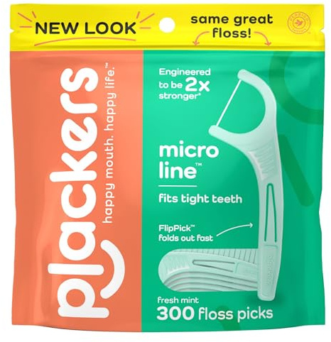 Plackers Micro Line Dental Floss Picks, Fold-Out FlipPick, Tuffloss, Easy Storage with Sure-Zip Seal, Fresh Mint Flavor, 300 Count