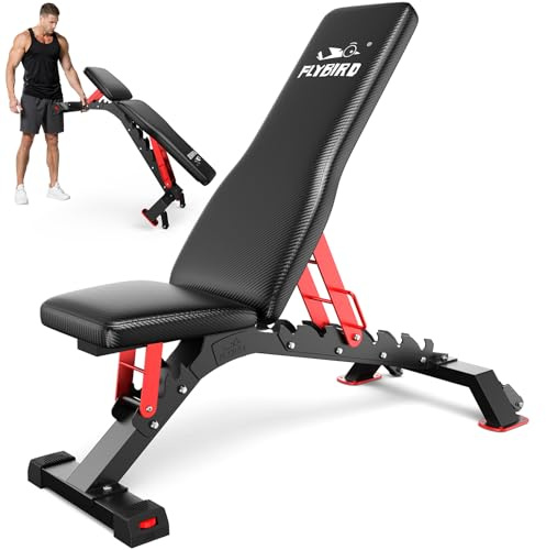 FLYBIRD WB7 Weight Bench, Commercial Grade Adjustable Weight Bench - 1300LBS Workout Bench for Home Gym, Flat Incline Bench Press Heavy Duty Bench with 34'' Extra-Long Backrest and Easy-Roll Wheels