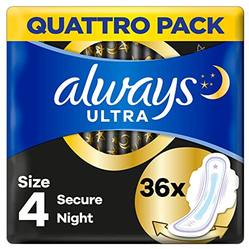 Always Ultra Serviettes Hygiéniques Secure Night (T4) Avec Ailettes x36 Super Absorbantes Et Ultra-Fines, Pour Règles