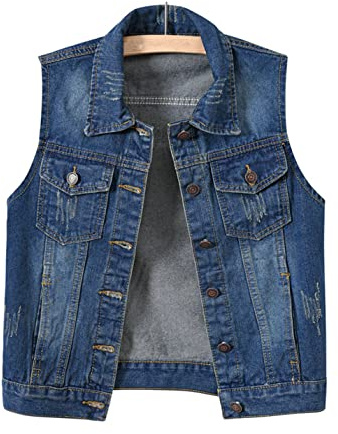 VIEWON Women's Casual Denim Waistcoat Frayed Sleeveless Ripped Jacket Vest with Pockets Denim XL