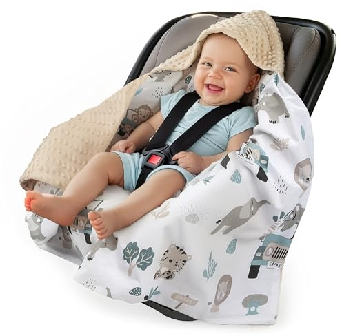 Medi Partners Einschlagdecke Baby Babyschale 100% Baumwolle für Sommer 85x85cm Kinderwagen Kuscheldecke universal Baby Decke Einschlagdecken Babydecke Buggy Autositz (Mint Zoo mit beige Minky)