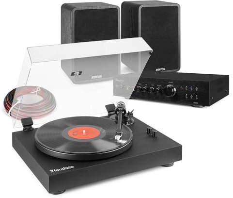 Audizio RP340 Vinyl Record Player with Speakers - Complete Home Stereo Turntable Music System with 2-Channel Amplifier, Bluetooth Streaming and SHFB65 Bookshelf Speakers, HiFi Audio - Black