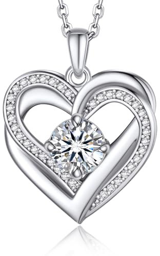 MomentWish Halskette Damen Doppelherz, 1 Karat Moissanite Kette Silber 925 mit Herz Anhänger Geschenk für Frauen Freundin (45+5cm)