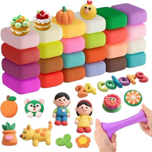 WYRGQIQN Arcilla Polimerica Secado al Aire, Arcilla Secado al Aire, 24 Colores Arcilla PoliméRica Foamy Moldeable Air Dry Clay, No TóXicas Plastilina Regalo para NiñOs y NiñAs de 3 a 12 AñOs