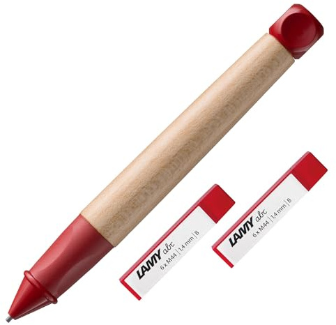 LAMY abc SET aus kindgerechtem Bleistift 110 aus Ahornholz und rutschfestem Griffstück in rot, Kappe und Würfel aus Kunststoff und 2x 6er Set bruchfeste Bleistiftminen LAMY M 44, 1.4mm B