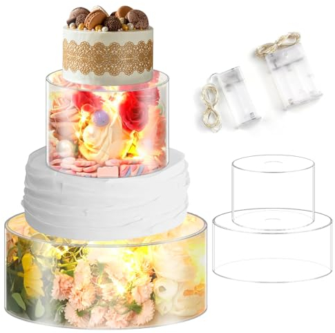 GAESHOW 2 Stück Kuchenständer Acryl Befüllbarer Tortenständer Transparent mit 2 LED Lichterketten Runde Zylinderbox Cake Riser Ständer für Hochzeit und Geburtstagsfeier