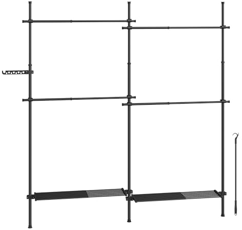 SONGMICS Teleskopstange Kleiderständer, 3-stufige Garderobe, höhen- und breitenverstellbar, offener Kleiderschrank mit 4 Kleiderstangen und 2 abnehmbaren Ablagen, Greifarm, mattschwarz HSR154B01