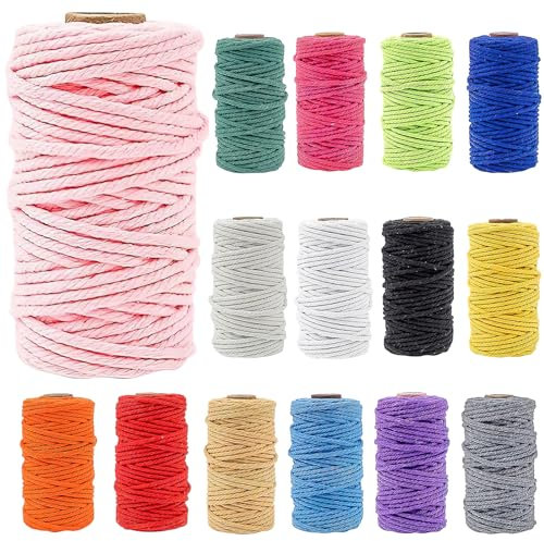 15 Rollen Makramee Garn 3mm x 30M, Bunte Makramee Schnur, Farbiges Makramee Seil 4 Fach gedrehtes Baumwollseil Baumwollschnur für DIY Handwerk Basteln Stricken Boho Deko Wandbehang