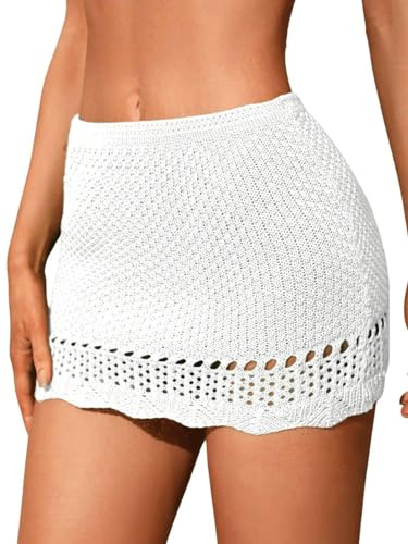 Milumia Women's Crochet Beach Mini Skirt Knit Scallop Hem Cut Out Bikini Swimsuit Cover Up Skirts White X-Small