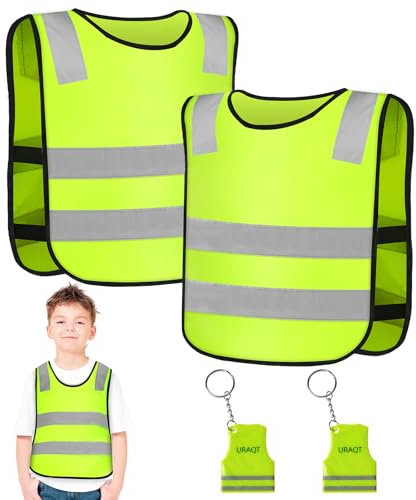 URAQT Warnweste Kinder, 2 Stück Sicherheitsweste Gelbe Warnwesten für Kinder, mit 2 Reflektierender Anhänger, für Schule Den Schulweg, Radfahren, Straßenverkehr