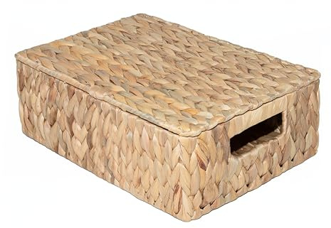 Wickerfield Water Hyacinth Woven Storage Box for Shelves Wicker Gift Hamper with Handle and Lid Small Home Bathroom Organizer (Large)