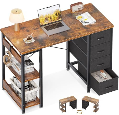 Coleshome Litet skrivbord med 4 tyglådor, 100 x 40 cm skrivbord med vändbara hyllor, datorbord med hörlurshållare, arbetsbord för kontor, sovrum, brun