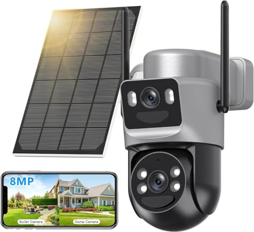 8MP Caméra Surveillance WiFi Extérieure à Double Objectif,4K Détection Humaine avec Panneau Solaire,360° PTZ Caméra IP,2.4G/5GHz,Suivi Automatique,Vision Nocturne Couleur,Audio Bidirectionnel,Étanche