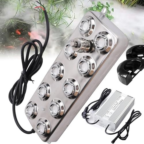 10 Head Ultrasonic Mist Fogger Maker, 250W Fountain Pond Fogger, Air Humidifier,with Buoy,for Pond, Decoration
