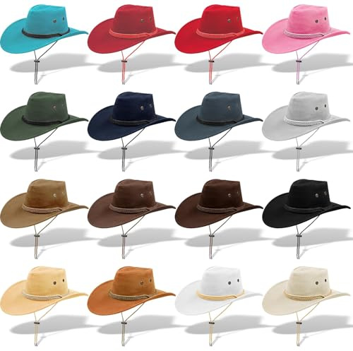 ASMIZ Lot de 16 Chapeaux de Cowboy Western avec Cordon Ajustable, Accessoires de Costume pour Homme et Femme, Chapeaux de Cowgirl pour Fête à Thème, Costume de Cowboy