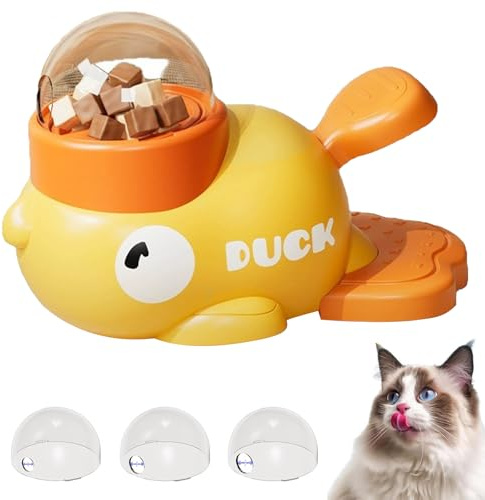 CHENRI Yellow Duck Cat Feeder Toy, Duckie Cat Feeder - Ducky Cat Ttreat Dispenser, 2 in 1 Cat Puzzle Treat Dispenser, Food Puzzle Slow Feeder, Intelligence Training Toys for Cats Dogs (Yellow)