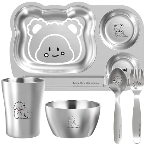Greentainer Kids Cartoon Dinnerware Set - Children Stainless Steel Dishes Food Plate Bowl Cup Spoon Fork Set, Dishwasher Safe, Dishware Tableware Healthy Mealtime, BPA Free