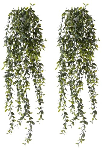 BACAMA Fake Hanging Plants Potted Artificial Mandala White Pots 2PCS | Fuax Vines For Shelf, White Cylinder Pots