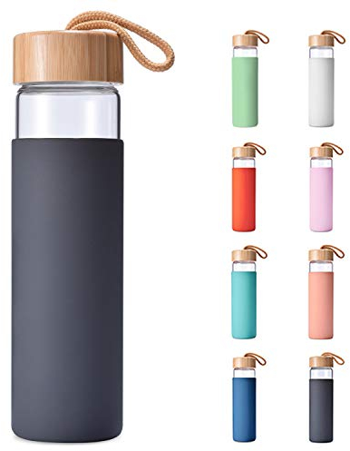 Yomious 20 Oz Borosilicate Glass Water Bottle with Bamboo Lid and Silicone Sleeve – Reusable BPA Free Drinking Bottle with Lids - Cute Bottle for Women - Glass Shaker Bottle (Charcoal Grey)