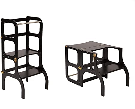 Klappbarer Lernturm mit Sitzfunktion, 45 cm Stehhöhe, Step’n’Sit, Lernturm mit Sitz und Tisch umklappbar, Birkenholz, UV-Lackiert, Schwarz mit Gold Beschlägen