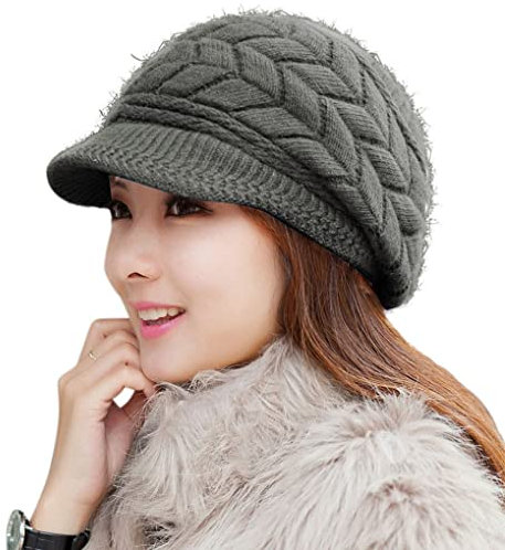 HINDAWI Womens Winter Hat Newsboy Caps with Brim Warm Knit Windproof Ski Snow for Youth Dark Grey