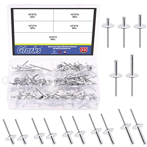 Glarks 135 remaches ciegos de 3/16 x 3/8 pulgadas, 1/2 pulgadas, 5/8 pulgadas, 3/4 pulgadas, 1 pulgadas, 5 remaches de aluminio Szie