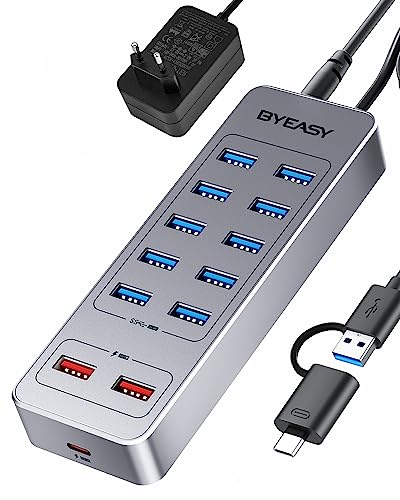 BYEASY Powered USB Hub, 13-Port USB 3.0 Data Hub with 10*USB 3.0 Ports, 2*USB A Charging Ports and 1*USB C Charging Port, USB Splitter Powered with 12V3A Adapter for Laptop,Tablet, USB Flash Drives