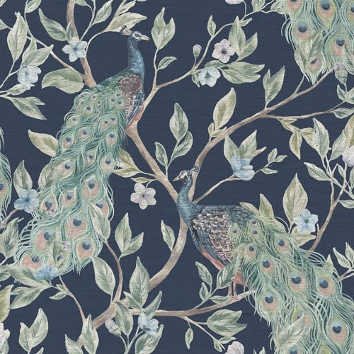 World of Wallpaper Keeka Peacock Bird Themed Modern Wallpaper Metallic Highlights for Living Room and Bedroom - Navy Blue 946100