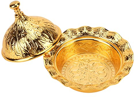 Gold Candy Dish with Lid,Vintage Fruits Turkish Serving Tray Floral Embossing Sugar Container Cookie Storage Bowl Fruit Plate Snacks Jar Zinc Alloy for Wedding Hotel Bar Counter Decoration 10 x 7cm
